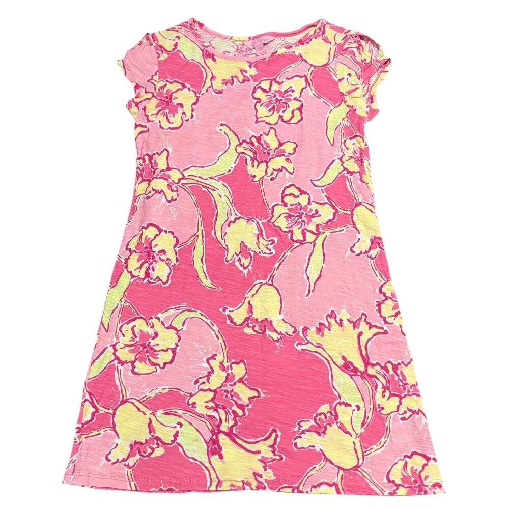 Lilly Pulitzer Girls T-Shirt Dress Floral Print Pink Yellow Youth Large 8-10